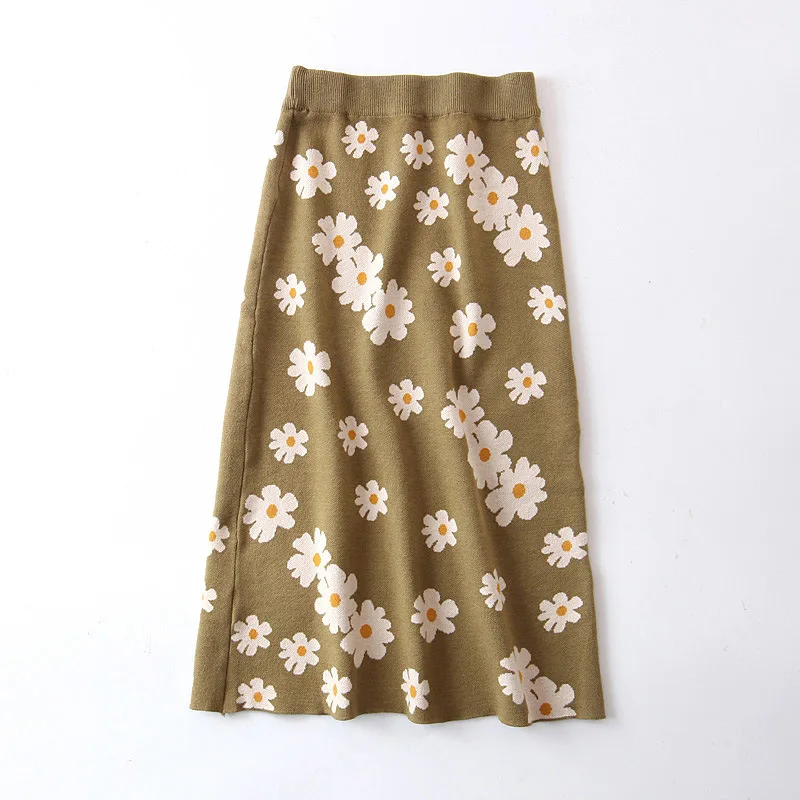 QZ017 Korean Design Daisy Floral Jacquard Elastic Waist Sweater Skirt Women Winter Sweet Knitted Skirts Saias
