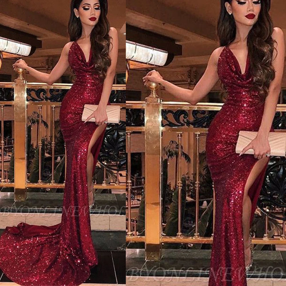 

sparkly prom dresses v neck pleats side slit sexy evening dresses sequins draped formal dresses abendkleider