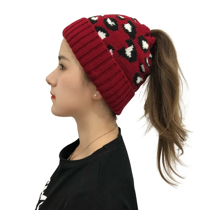 Women Casual Knitted High Ponytail Beanie Hat Lady Autumn Winter Cap Leopard Print Fashion Thick Warm Female Outdoor Sport Hats 2
