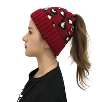 Women Casual Knitted High Ponytail Beanie Hat Lady Autumn Winter Cap Leopard Print Fashion Thick Warm Female Outdoor Sport Hats 2