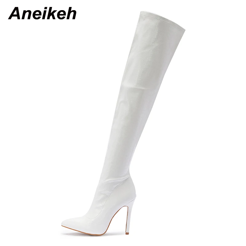 Aneikeh NEW Fashion Striped 11CM Thin Heels Ladies Boots 2026 Spring Sexy Over-the-Knee Side Zipper Slip-On Pointed Toe Shoes