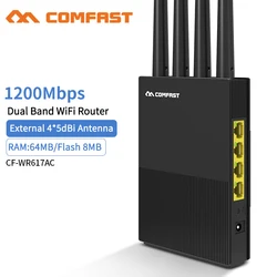 Comfast roteador wi fi sem fio, banda dupla de 1200mbps, 2.4 ghz + 5ghz, antewan/lan, ponto de acesso wifi inteligente, 4x5dbi, antena roteador
