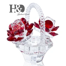 H&D Crystal Basket Figurine with Rose Art Glass Craft Ornaments Home Decor Wedding Anniversary Valentine's Day Christmas Gift