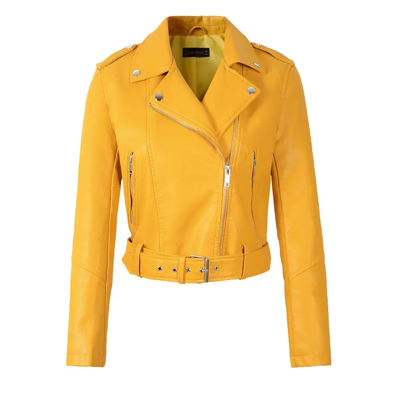 8828 Yellow Новинка, Женские Осенние Зимние Куртки из искусственной мягкой кожи, женские куртки белого, красного, черного, зеленого цвета, мотоциклетные уличные пальто из искусственной кожи на молнии с поясом - Цвет: 8828 Yellow