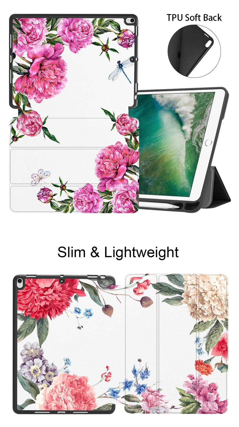 МТТ цветочный Чехол для iPad Pro 10,5 воздуха 3rd Gen 10,5 дюймов Мягкий ТПУ чехол-накладка из искусственной кожи с откидной крышкой с функцией подставки умной держатель для карандашей