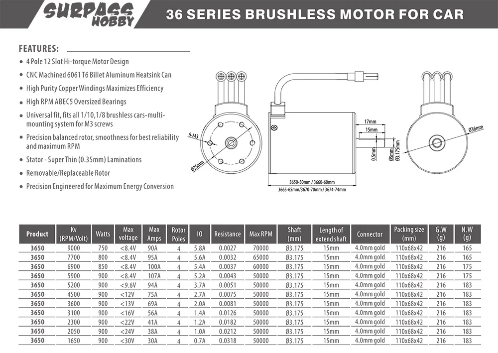 Moteur Brushless 3650 2300KV à 7700KV pour Voiture RC 1/10