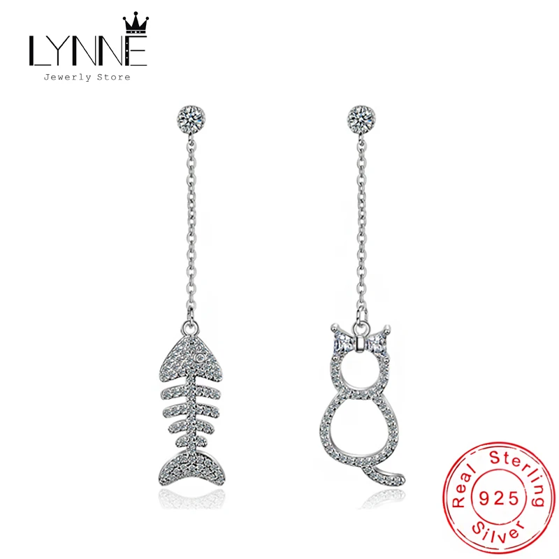 

New 925 Sterling Silver AAA Zircon Cat And Fish Bone Asymmetry Drop Earrings Women Fashion Lovely Pendant Earring Jewelry Gift