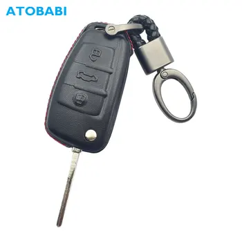

Leather Car Key Case For Audi A1 A3 Q3 Q7 TT S3 R8 3 Buttons Folding Remote Fob Pouch with Metal Key Rings Keychain Holder Black