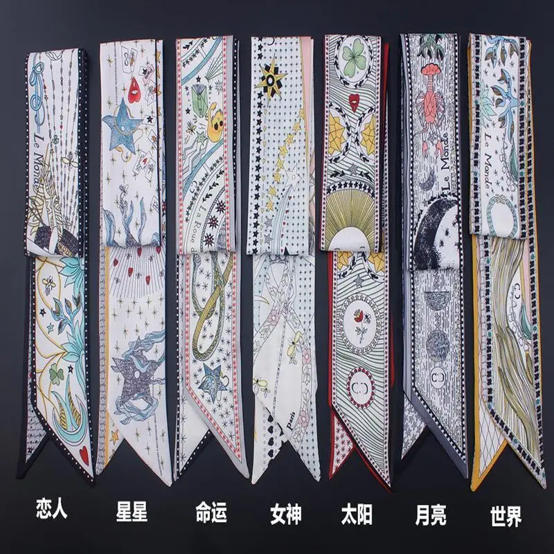 

Twill Weave Silk Small Scarf Women 's All -match Double-Layer Printing Neckerchief Multi-Function Long Ribbon Arm Bag Ribbon