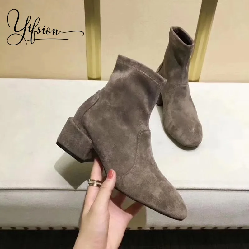 

OLOME New Fashion Kid Suede Women Ankle Boots Round Toe Slip On Thick Low Heel Autumn Women Boots Shoes Woman