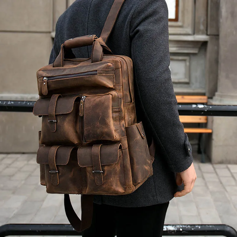 Men's Genuine Leather Large Backpack Hiking Laptop Messenger Bag Light Weight15"