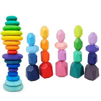 

Children's Wooden Colored Stone Jenga Building Block Educational Toy Creative Nordic Style Stacking Game Rainbow Wooden Toy Gift