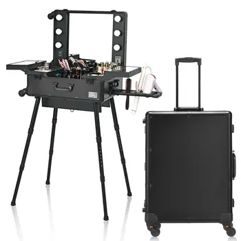 

Costway Rolling Cosmetics Case Mirror Telescoping Legs 6 LED Lights Portable Black