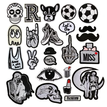 

(37 Styles can Choose) Black and White Cartoon BadgeS Embroidery Patches for T-shirt Iron on Stripes Appliques Clothes Stickers