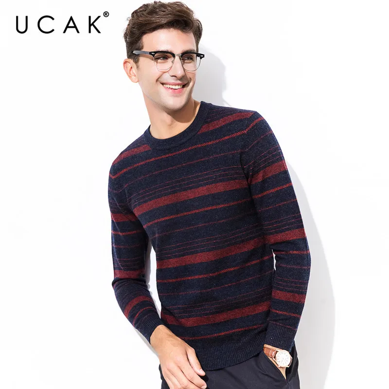 Great Value UCAK Brand Pure Merino Wool Sweater Men Fashion Striped Pull Homme Autumn Winter Thick Warm Cashmere Sweaters Pullover Men U3068