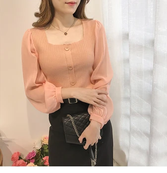 

Elegant Tops Female Long Sleeve Chiffon Splice Knitted Sweater Women Black White Pullover Sweaters Women 2019 Autumn Korean