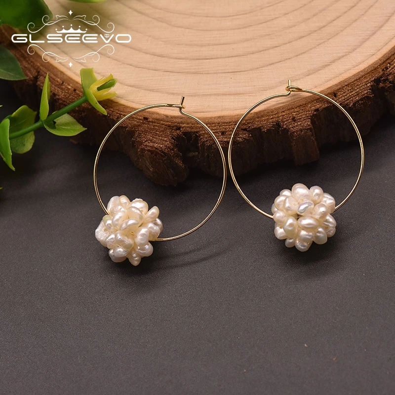 

GLSEEVO Natural Freshwater White Pearl Hoop Earrings Ear Pins 925 Sterling Silver Flower Ball Shape Fine Jewelry GE1001B