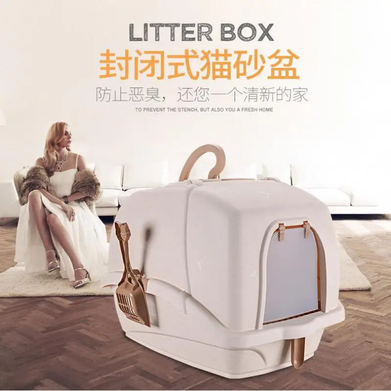 

Portable large litter box hooded large space toilet with handle and bucket easy to clean, deodorant and spill-proof design