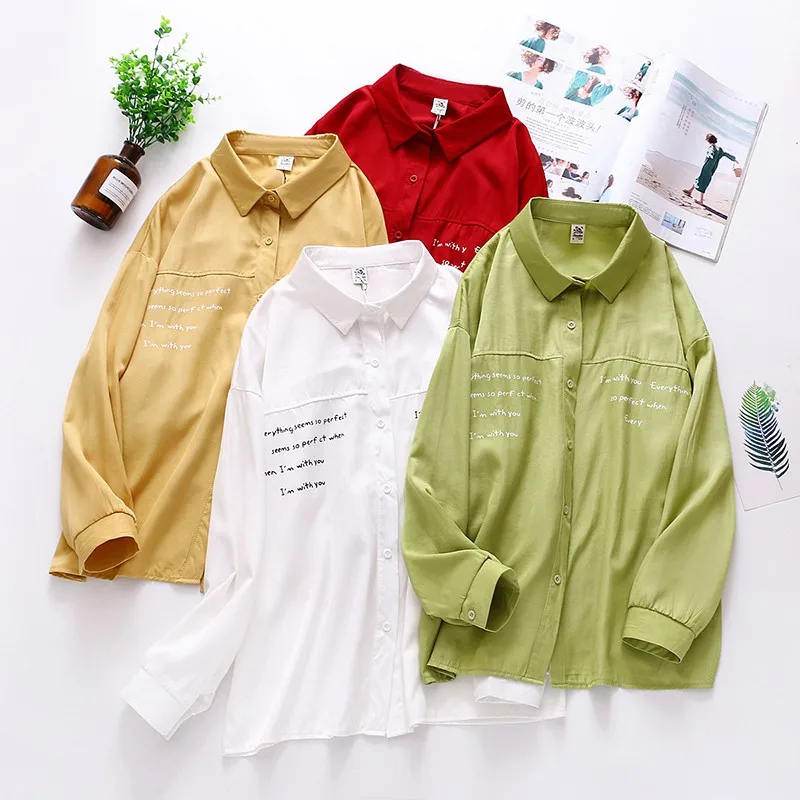 Simple Casual Lapel Shirt Women Letter Print Loose Blouse Spring Autumn Long Sleeve White Shirts 2020 New