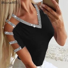 MoneRffi Women Sequined Tops Sexy Off Shoulder Tshirt Ladies Short Sleeve Tunic Tops Club T Shirt Solid Female Pullover Blusas