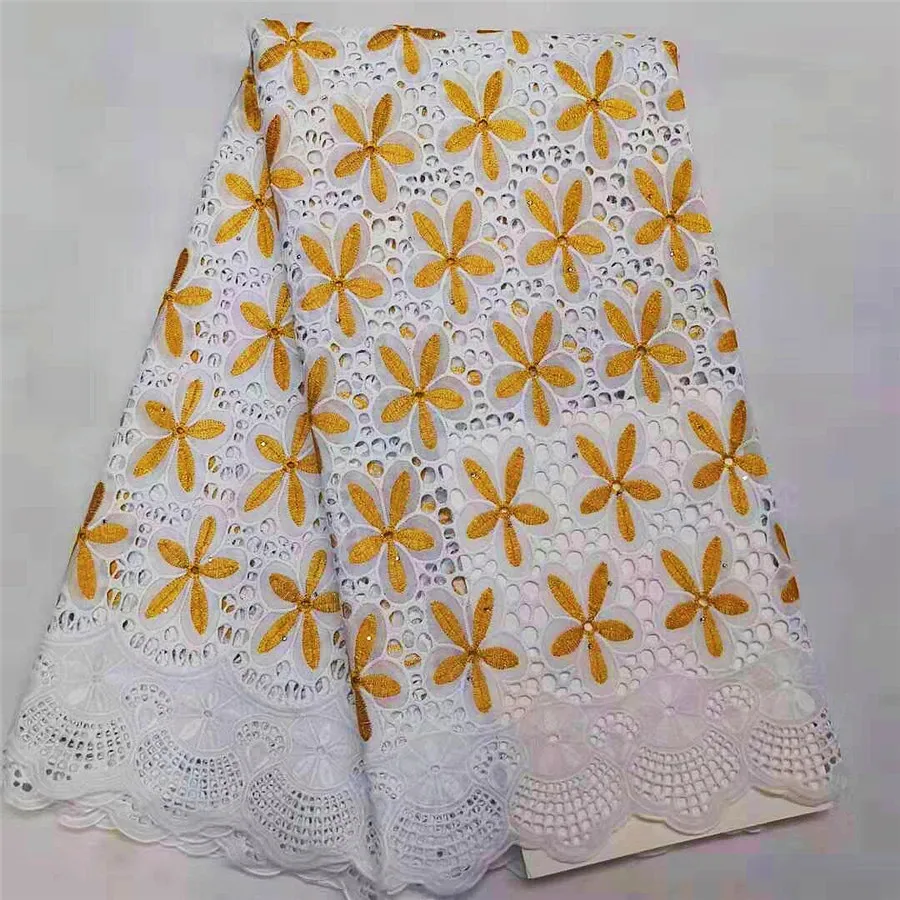 Высокое качество африканская сетчатая кружевная ткань хлопок вышивка французская швейцарская вуаль пробивная хлопковая кружевная ткань белая 5 ярдов