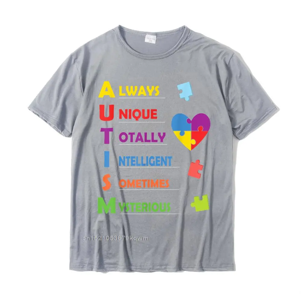 Family Tees Funny Round Collar Design Short Sleeve Pure Cotton Man T Shirt Custom Tee-Shirt Drop Shipping Autism Awareness Autism Acronym and Puzzle Piece T-Shirt__4916 grey