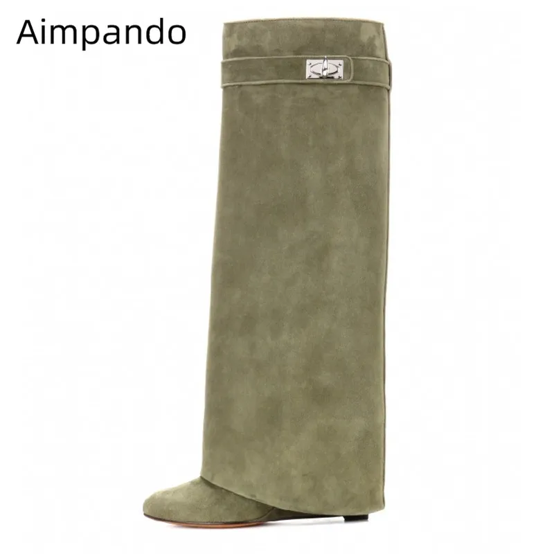 

2020 Green Boots Women Turnover Solid Suede Walking Bottes Round Toe High Wedges Heel Botas Multy Colors Hot Sell Boots Woman