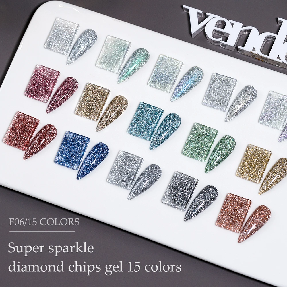 Vendeeni 15 색 반짝이 브로큰 다이아몬드 젤 네일 폴리시 샤이니 레이저 UV LED 젤 래커 스파클링 네일 아트 젤 바니쉬