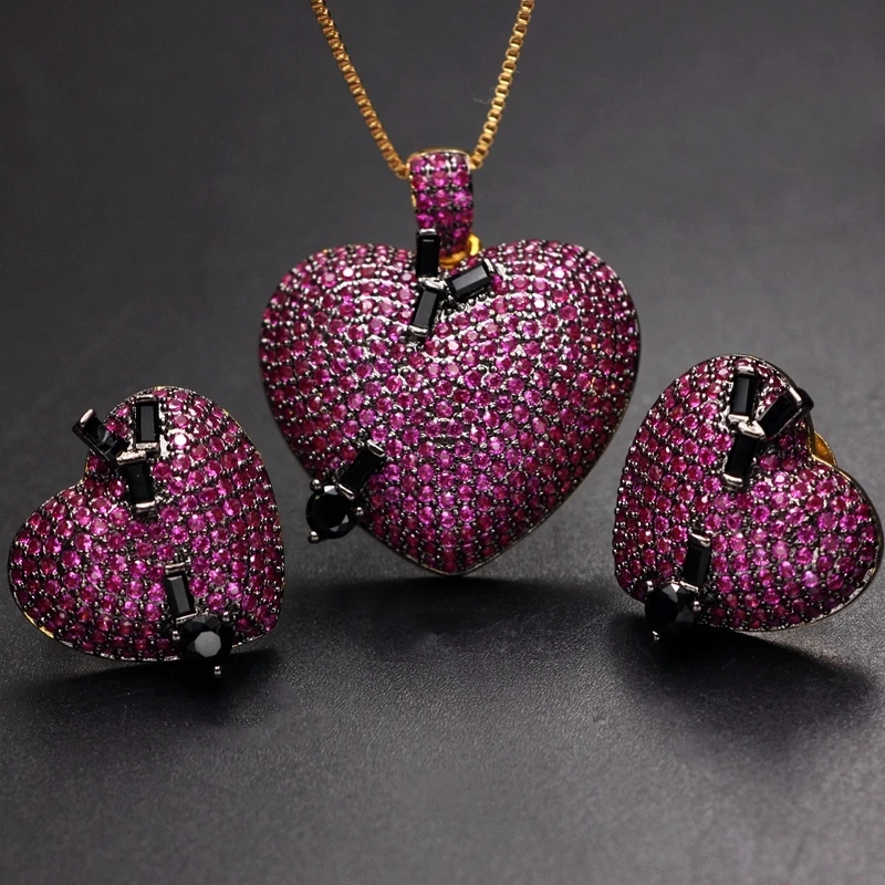 Роскошные серьги-гвоздики в форме сердца, кулон, ожерелье, ювелирный набор, проложенный микро кубическим цирконием, камень, кристалл, золотой цвет, CZ, Свадебный комплект