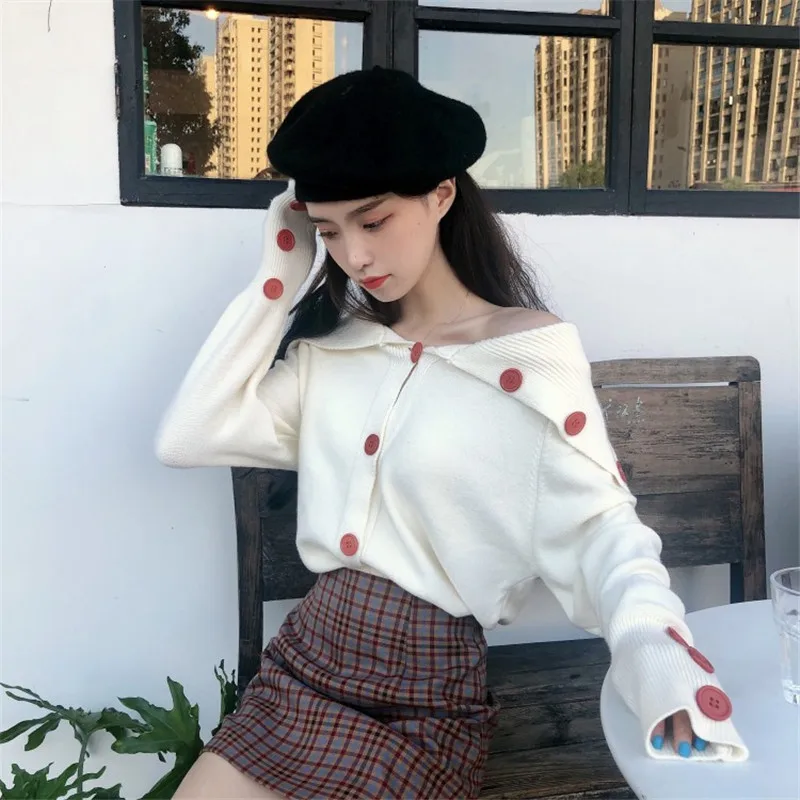 OCEANLOVE Button Turn-down Collar Cardigan Fashion Single Breasted Solid Women Sweaters Fashion Autumn Winter Clothes 13176