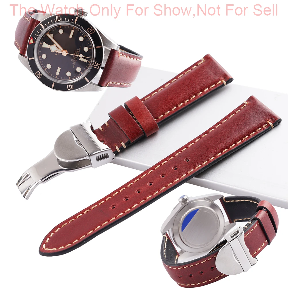 Rolamy 20 22Mm Cinturino Di Ricambio In Vera Pelle Rossa Cinturino Da Polso Cinturino Per Cinturini Braccialetti Per Tudor Black Bay 58 Seiko Skx
