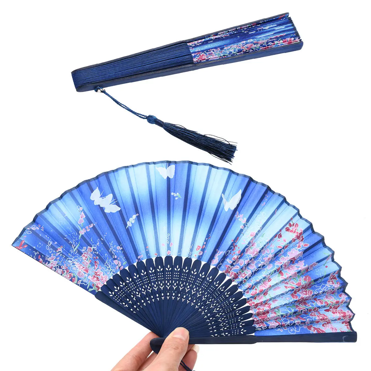 Blue Butterfly Pattern Handheld Fans Silk Folding Fans With Bamboo Frames For Dancing Cosplay Wedding Party Props Decoration