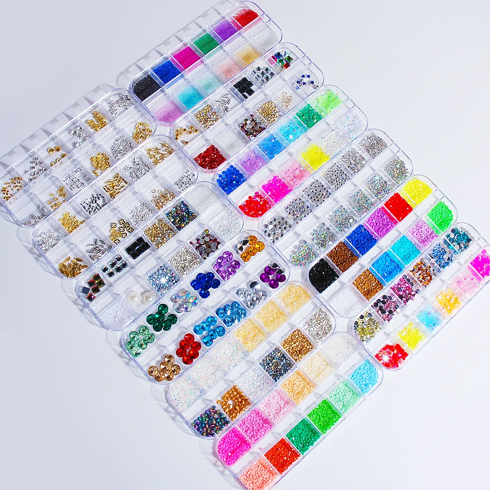 12 Grid New Fashion High Quality Silver Punk Style Rivet AB Color Jelly Resin Rhinestone Glass Stone For DIY Nail Art Decoration