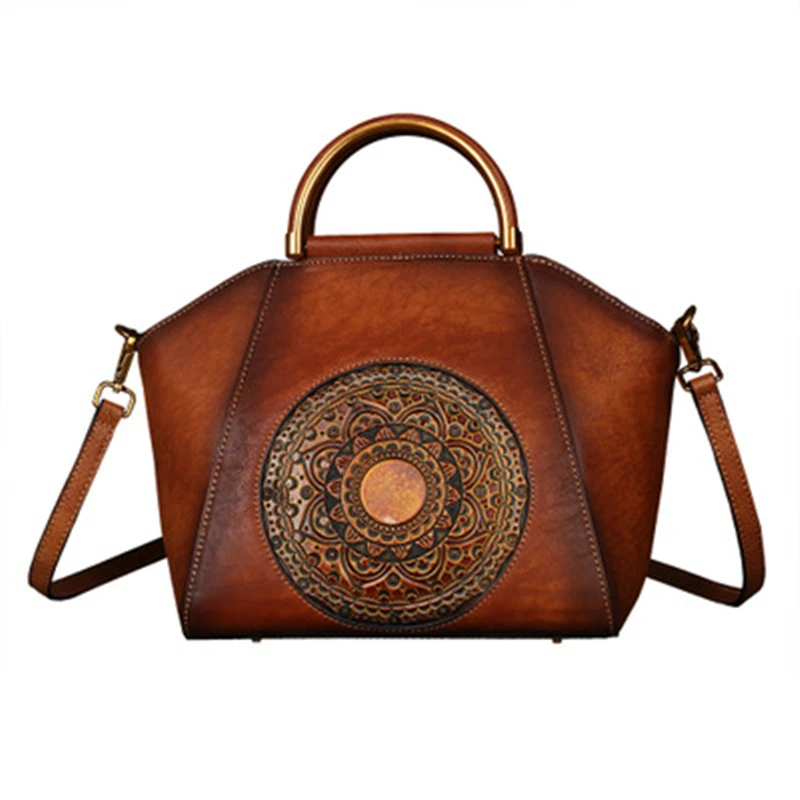 

Genuine Embossed Leather Messenger Top Handle Bag Retro Handbag Totem Pattern High Quality Natural Skin Women Shoulder Tote Bags