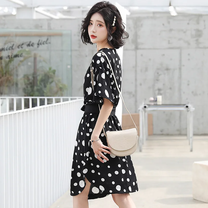 

Hipster 2019 Summer Wear New Style European Goods Fashion Korean-style Fashion Crew Neck Polka Dot Short Sleeve Slim Fit Female
