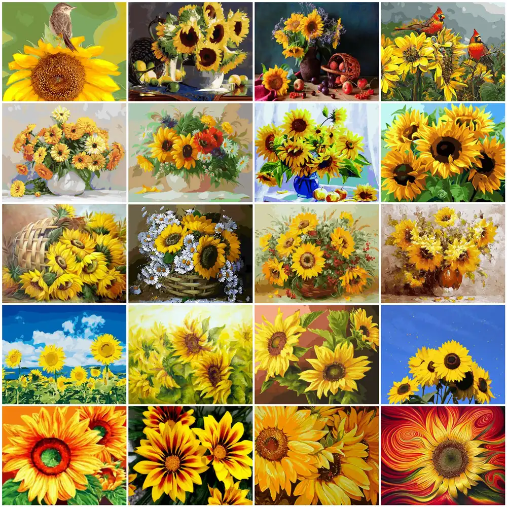Huacan Pintura Por Numeros Diy De Girasoles Dibujo De Lienzo Pintado A Mano Imagenes Por Numero Flor Decoracion Del Hogar Pintura Por Numeros Aliexpress