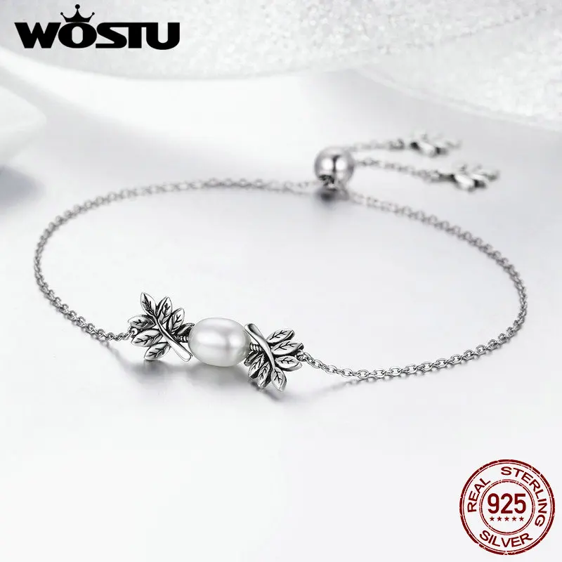WOSTU,, настоящее 925 пробы, серебряное дерево, лист, жемчуг, браслет, звено цепи для женщин, свадьба, Аутентичные ювелирные изделия, подарок FIB071