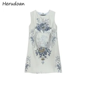 

Herudoan Fashion Runway Women Vintage Dress Elegant Sleeveless Short Sundress Vacation Style A-Line Ladies Mini Dress
