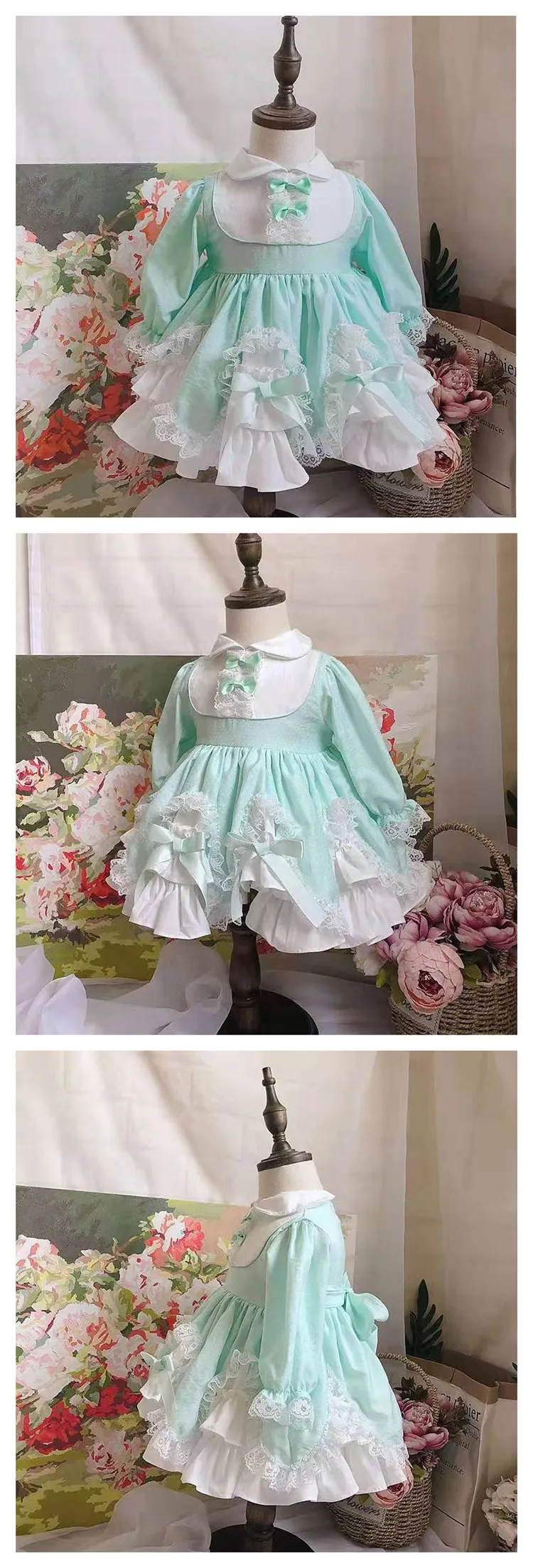 Осенне-зимнее От 0 до 6 лет, испанское вечернее платье Лолита для маленьких девочек, мятно-зеленое бальное платье принцессы с длинными рукавами и бантом, детская одежда