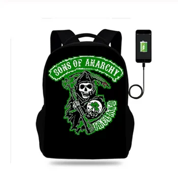 

17inch Sons Of Anarchy Laptop Backpack USB Charge Mens Football Backpack For Teenagers Boys School Bag Mochila Travel Bag