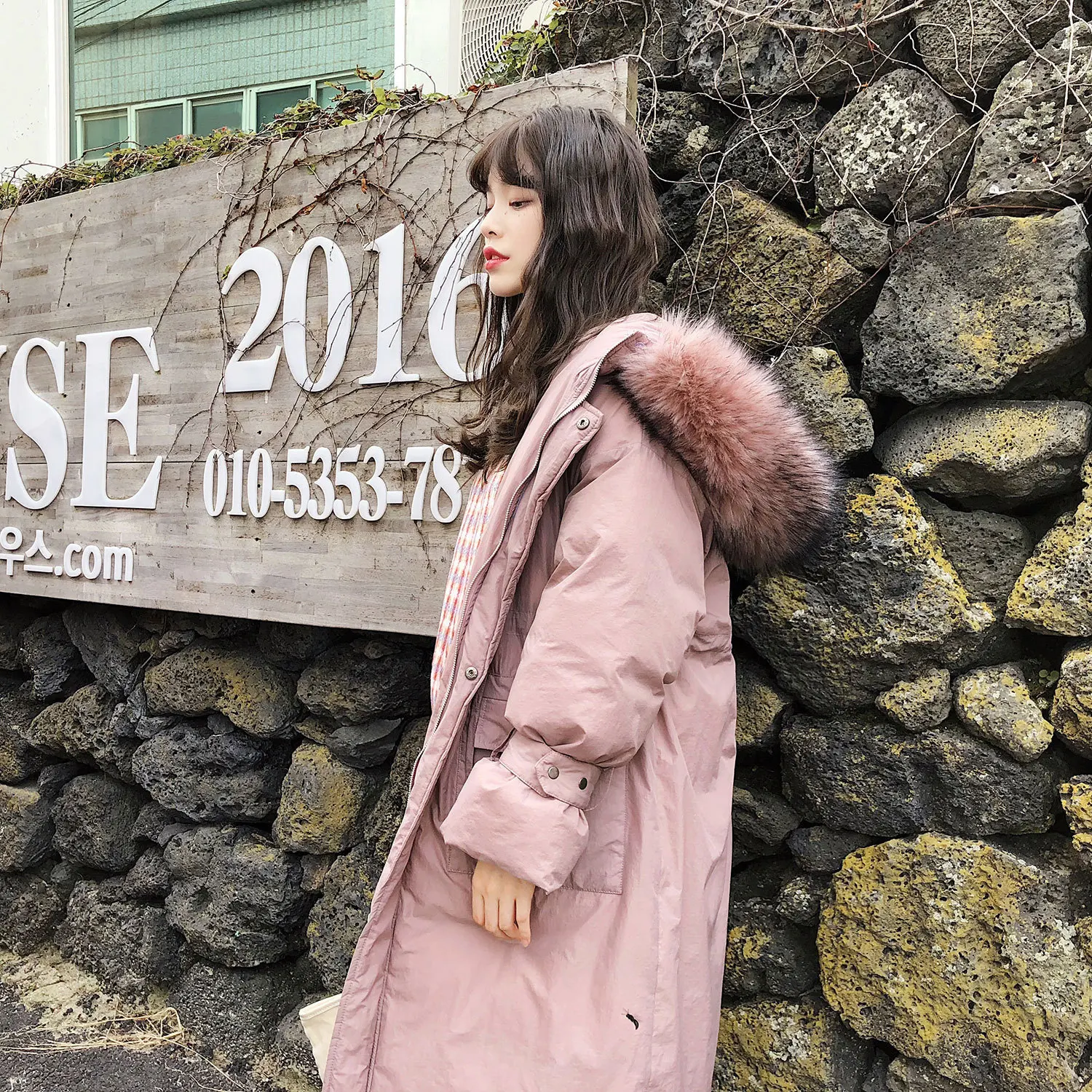 

2018 Winter New Style Mid-length Korean-Style Cotton-padded Clothes Women's Loose-Fit Contrast Color Large Fur Collar Thick Work