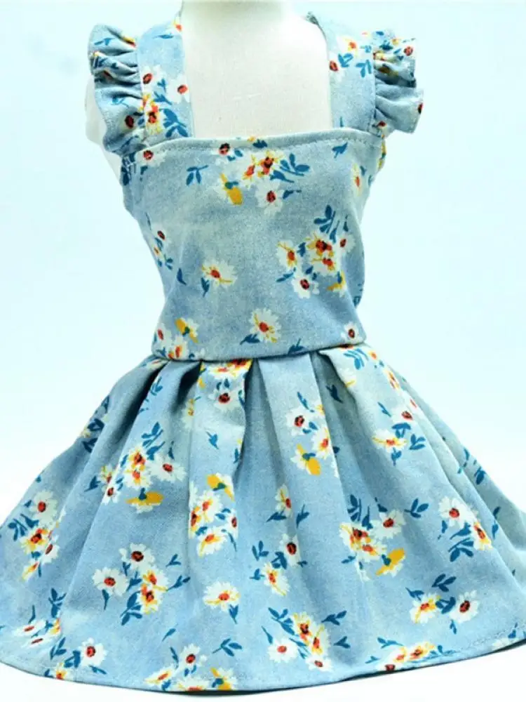 Dog Clothing with Floral Printed Dog Cat Denim Daisy Sling Skirt Breathable Summer Skirt for Teddy Pug Pet Apparels, 5 Sizes