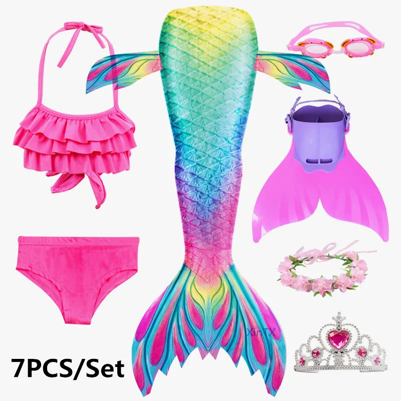 7PCS as picture show Новинка! 7 шт./компл. русалки для девочки Моноласты, хвосты для купания венок-Корона Goggle с хвостом русалки, купальный костюм для девочек, купальник-бикини, плавательный костюм, костюм - Цвет: 7PCS as picture show