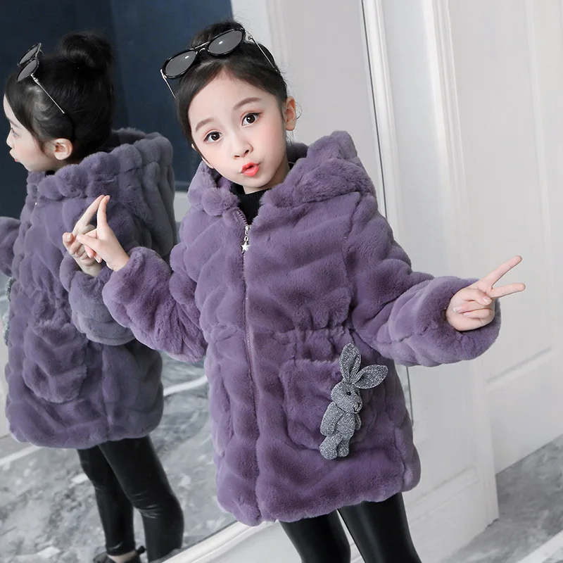 Мягкое меховое пальто для девочек детская теплая куртка с искусственным мехом для девочек, плотная Вельветовая куртка с капюшоном для детей, верхняя одежда