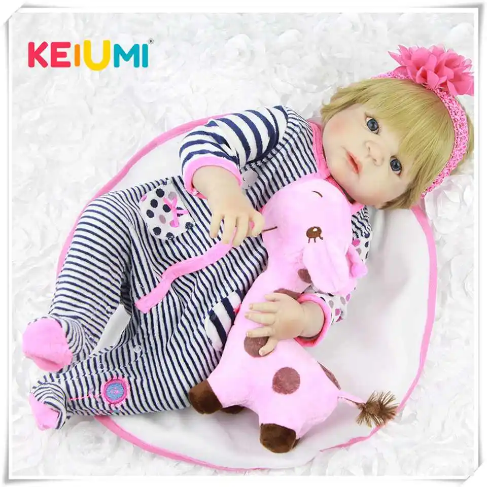 

KEIUMI Full Body Silicone Vinyl Babies Reborn Dolls Realistic 23 inch NewBorn Baby wear Stripe Rompers Bonecas Rebron Gift