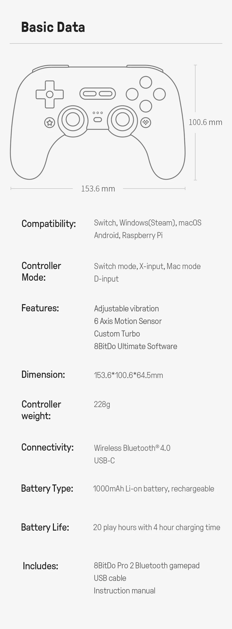 8BitDo Pro 2 Bluetooth Gamepad Controller with Joystick for Nintendo Switch, PC, macOS, Android, Steam & Raspberry Pi