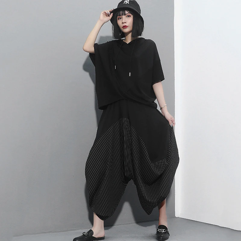 [EAM] High Elastic Waist Black Striped Split Long Harem Trousers New Loose Fit Pants Women Fashion Tide Spring Autumn 2020 1Z313