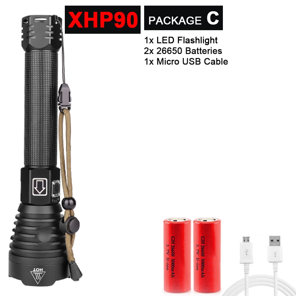 Супер яркий XHP90/70,2 светодиодный фонарик, супер мощный фонарь, USB лампа с зумом, фонарь с зумом, работающий от аккумулятора 18650 26650 - Испускаемый цвет: Package C-XHP90