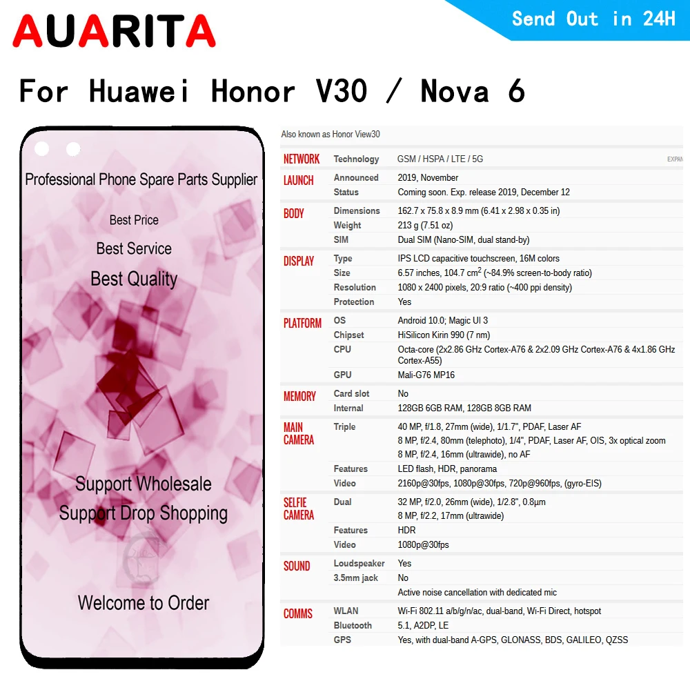 For Huawei Nova 6 for Honor V30 LCD Display Touch panel Screen Digitizer Module with frame Assembly View 30 / | Мобильные телефоны