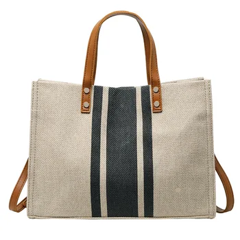 

Ladies Portable Briefcase Professional Striped Simple Fashion One Shoulder Big Bag Large Capacity Canvas Bag Channels Handbags